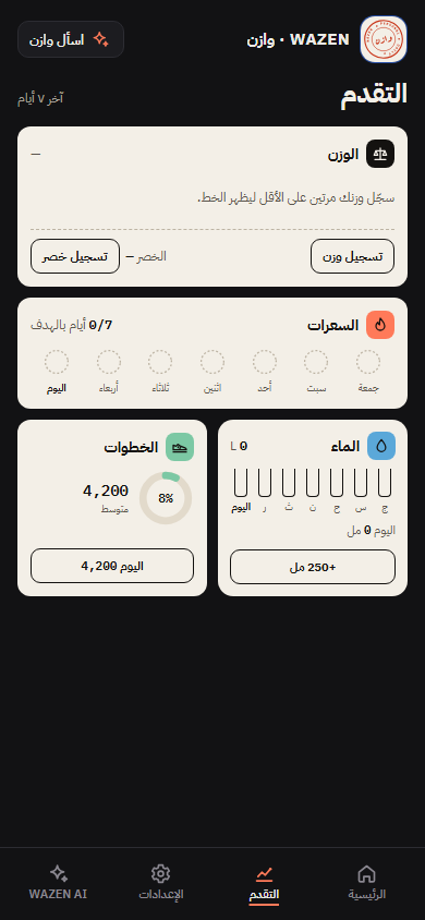 صفحة التقدم في وازن: الوزن والسعرات والماء والخطوات